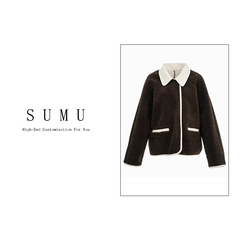 小雨女装自产秋季2024新款百搭轻奢气质翻领颗粒绒外套1052