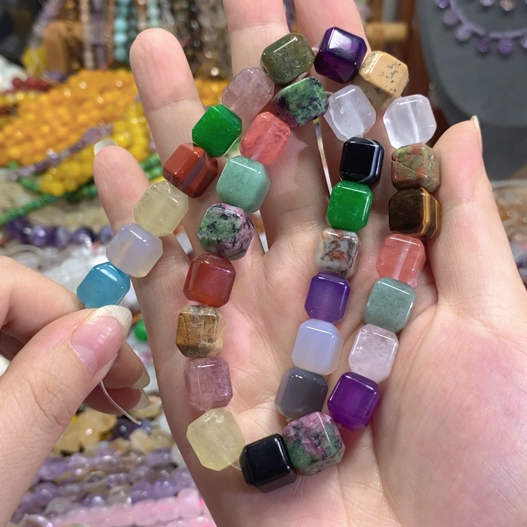 玛瑙/玉髓足银镀金镶嵌珠宝半成品多宝方糖一条卡11mm