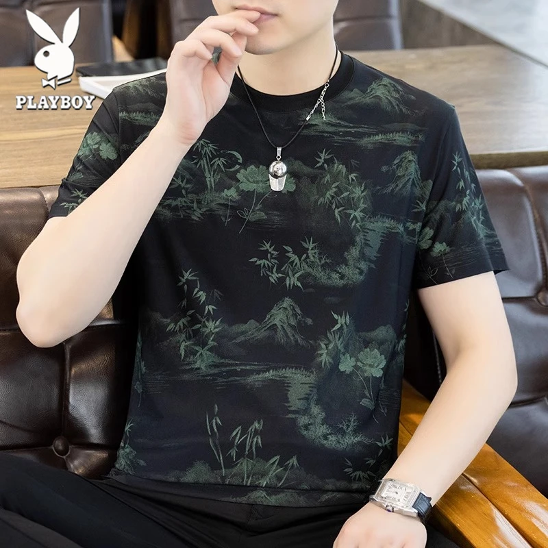 花花公子夏季新款男士时尚潮流修身透气中国风山水墨短袖T恤衫男
