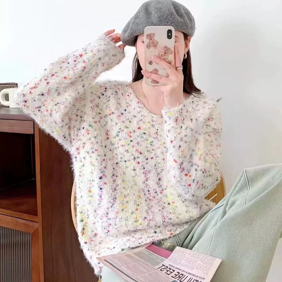 彩色V领长袖针织衫上衣女秋冬款宽松慵懒风软糯漂亮毛衣