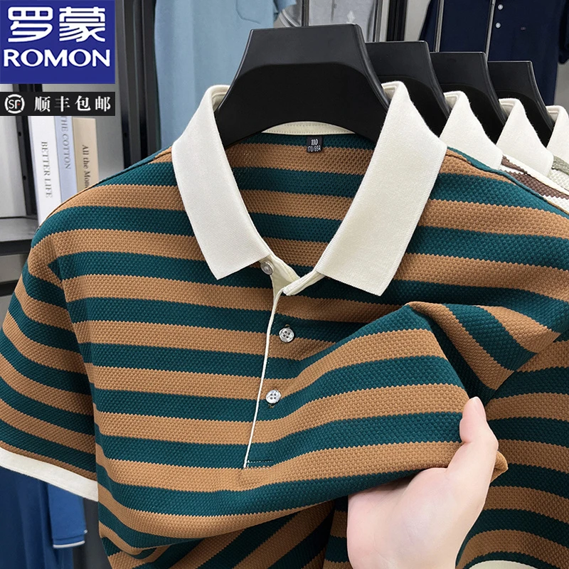 罗蒙短袖夏季男Polo衫宽松型条纹夏季潮流男士半袖t恤色织条男装T
