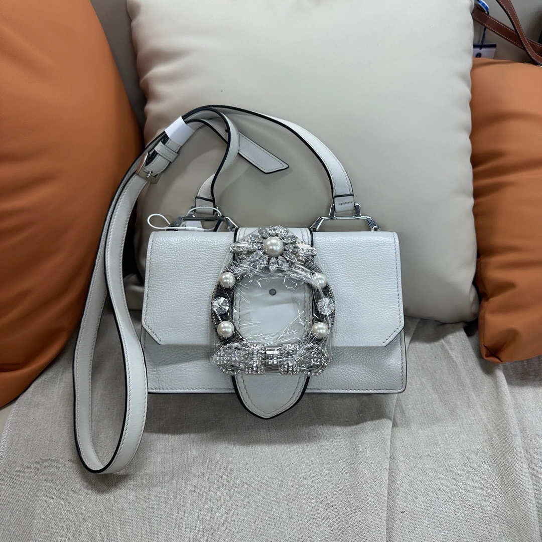 95新 MIU MIU/缪缪 限量款 太阳花水钻宝石 斜挎包 白色