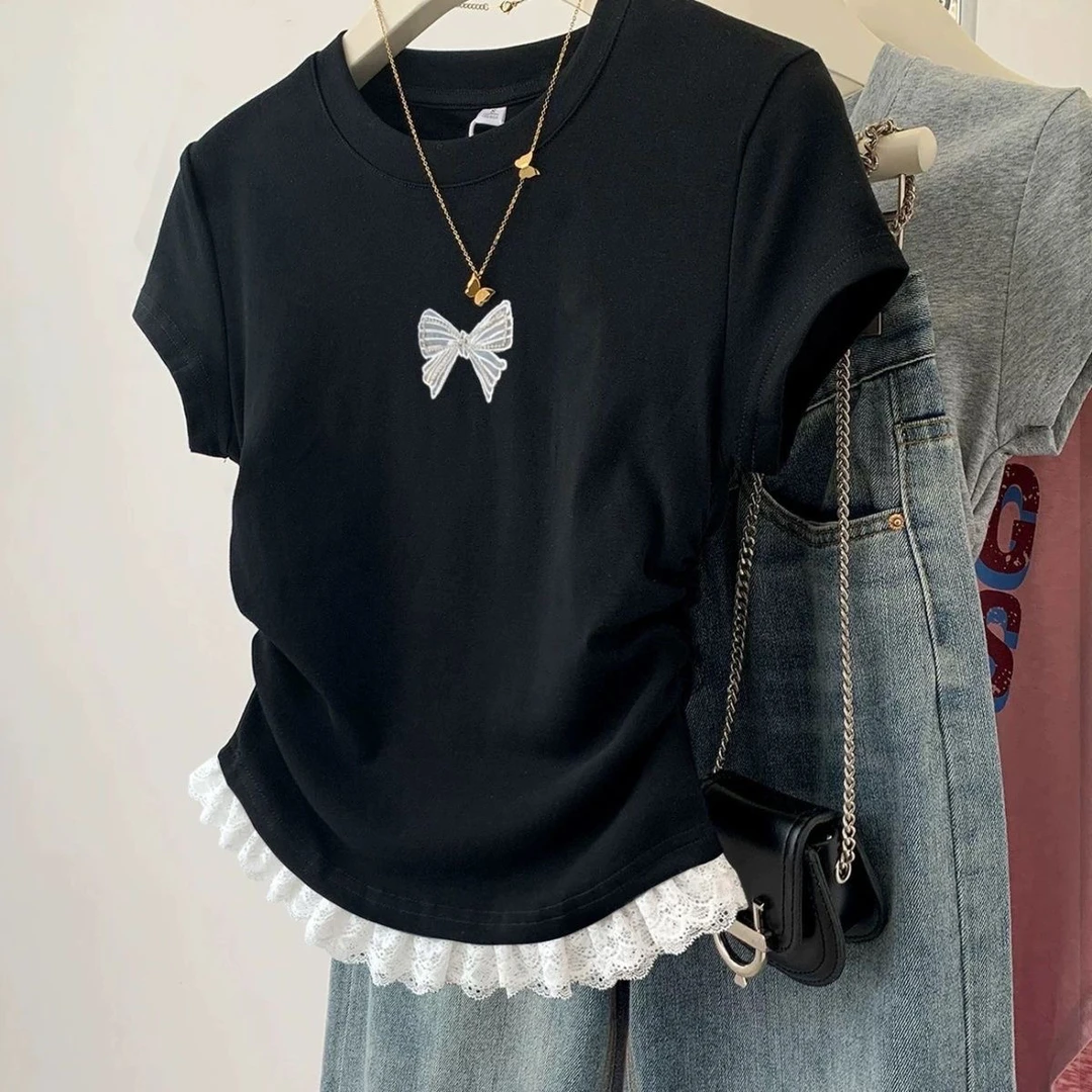 黑色蝴蝶结蕾丝花边短袖t恤女夏季2025新款短款辣妹正肩修身上衣