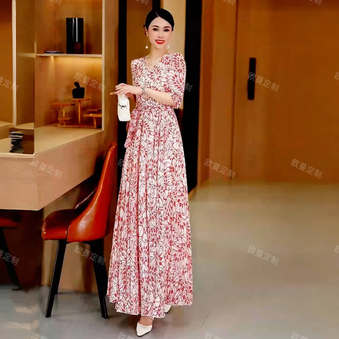 欧蔓08-202夏新款五分袖花色大摆连衣裙修身显瘦气质简约大摆长裙