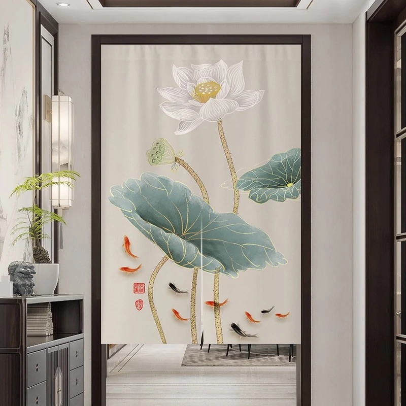 帘无界中式荷花鲤鱼图免打孔卫生间门帘厨房卧室隔断帘橱柜遮挡帘