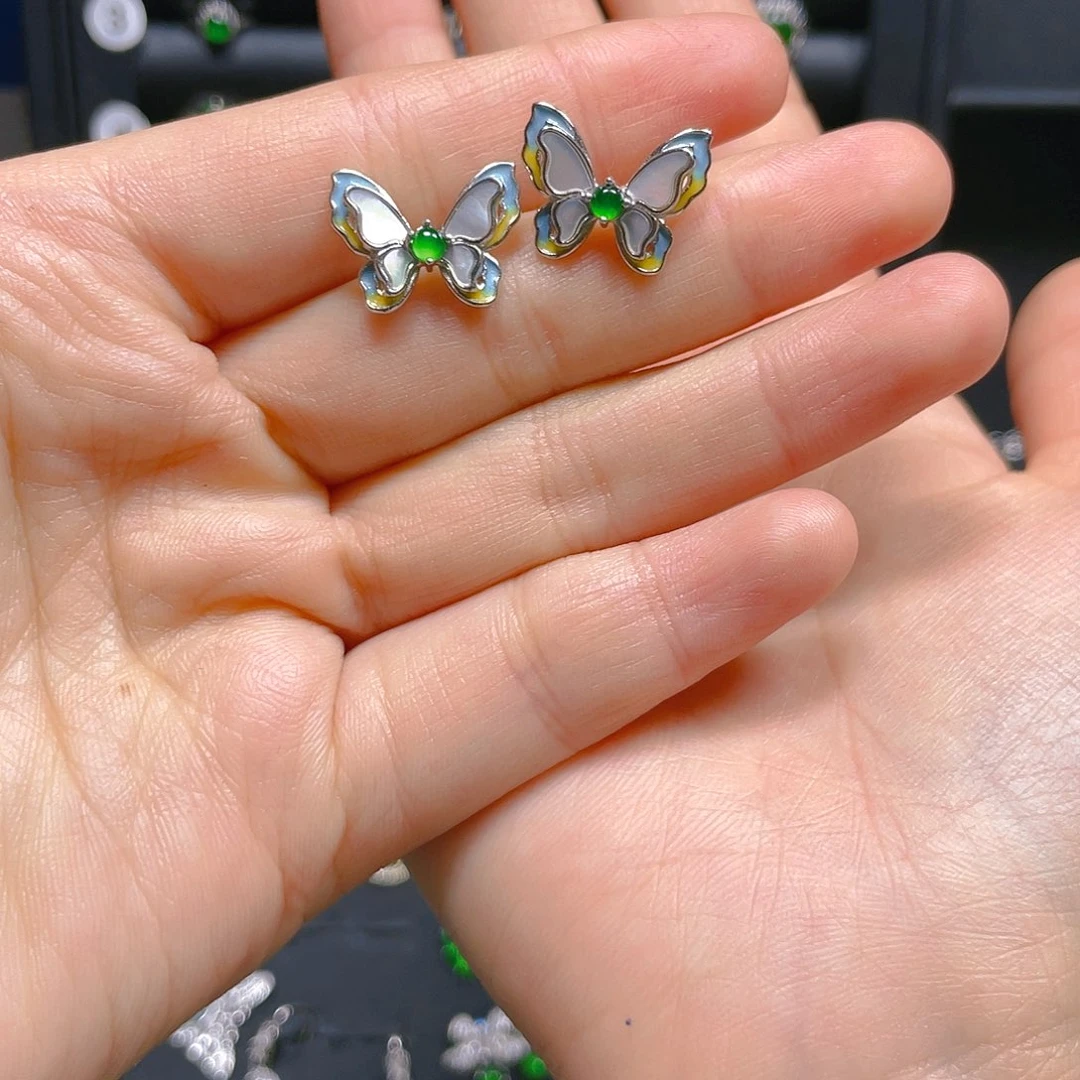 翡翠戒指银S925镶嵌耳钉