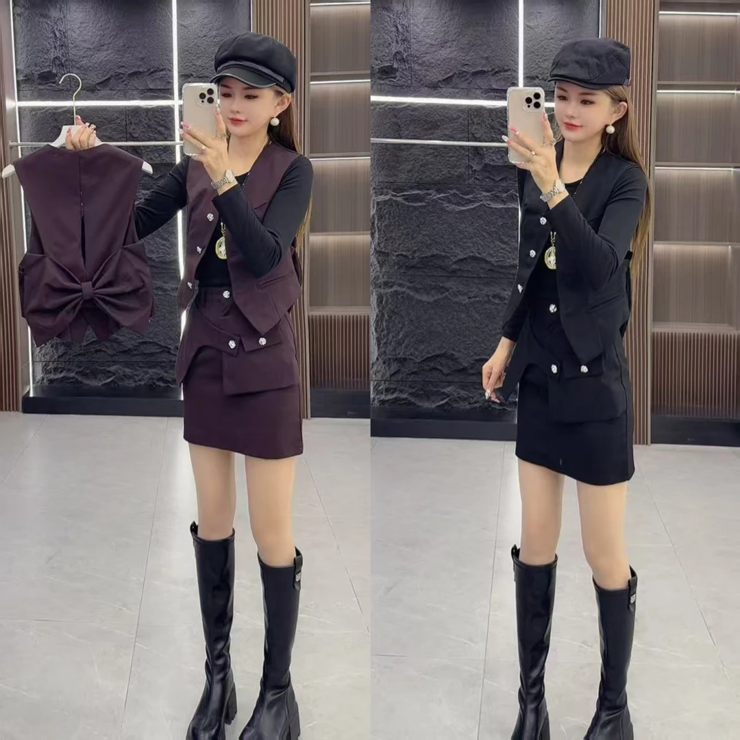 精品0584 时尚个性十足蝴蝶结马甲 加打底衫 加短裙/长裤 三件套