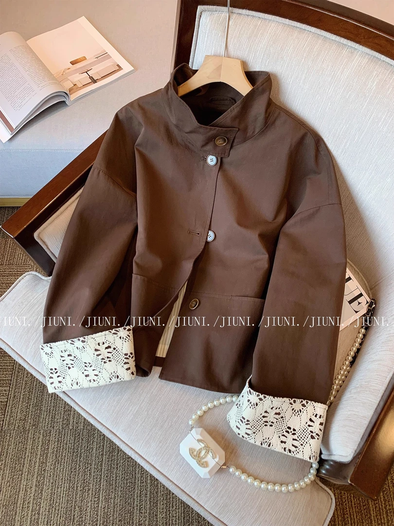 咖色复古蕾丝袖口立领风衣外套女2025秋季新款高级感休闲短款上衣