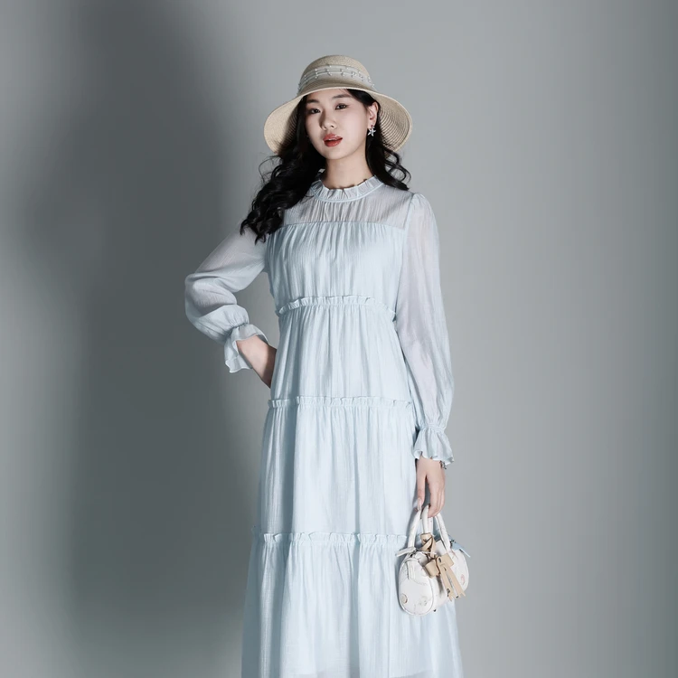西町村屋甜美气质木耳边连衣裙女春季新款气质长袖裙子XAAA10379