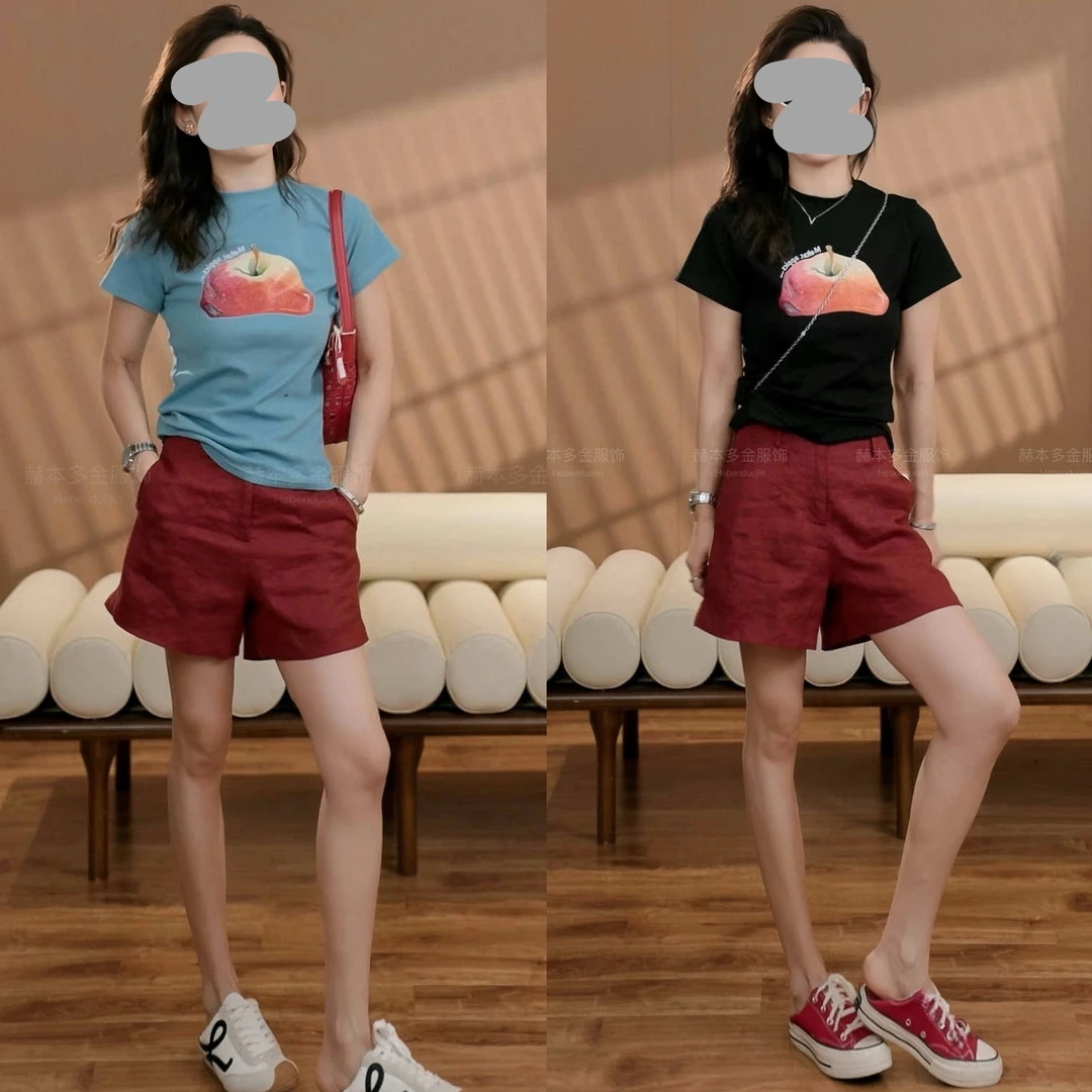 小众女装2025夏季显瘦印花短袖打底T恤上衣百搭休闲短裤气质套装