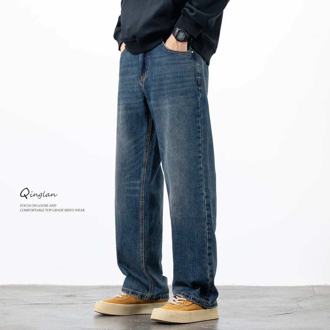 深蓝色牛仔裤男直筒宽松美式休闲潮流简约水洗高端百搭裤子秋冬款