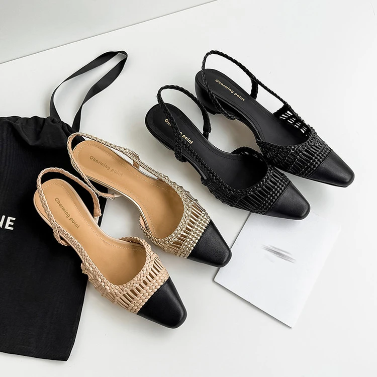 正品真皮小香风包头凉鞋2025新款手工编织尖头单鞋夏季坡跟罗马鞋