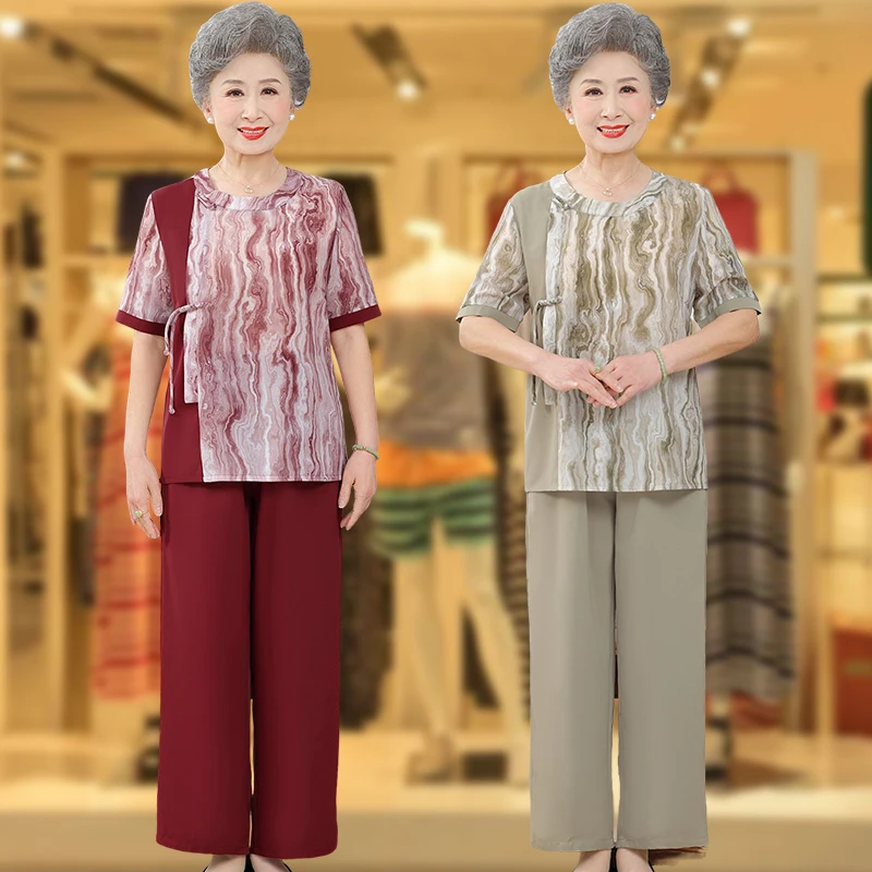 奶奶装套装夏装80岁老人衣服夏季七分袖中老年女装妈妈装休闲T恤