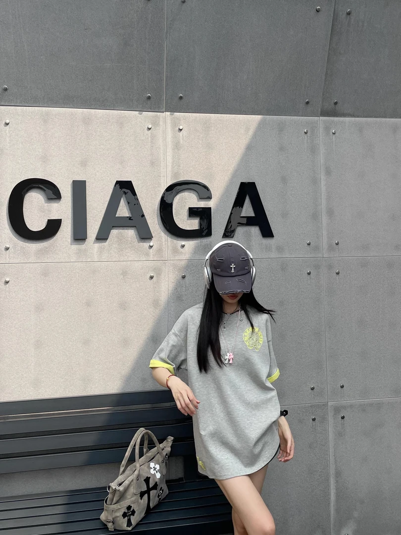 【清仓】春夏新款梵文刺绣拼色短袖T恤宽松情侣款上衣