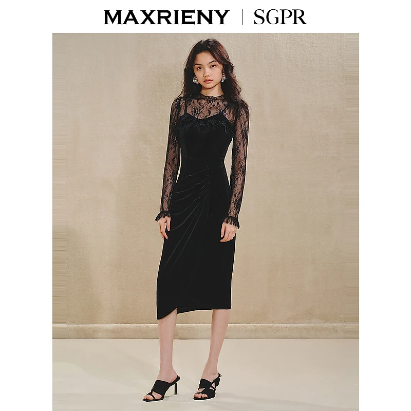 【MR】MAXRIENY法式连衣裙蕾丝丝绒长裙抽褶包臀年冬