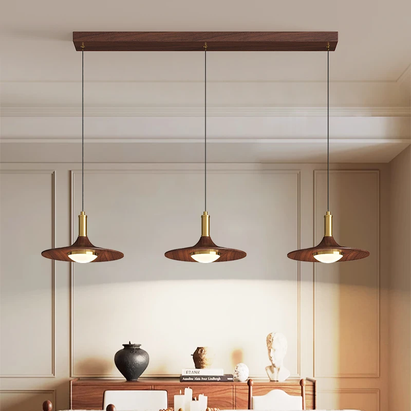 餐厅吊灯三头中古风复古侘寂风胡桃木纹餐桌灯全光谱护眼吊灯