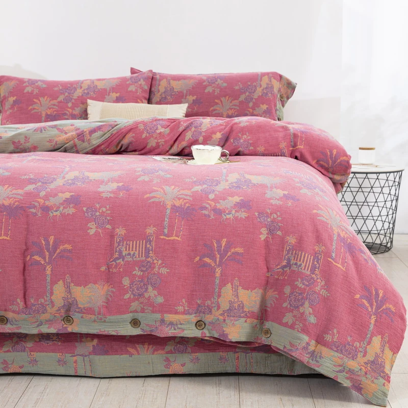 【夏威夷-粉】母婴A类全棉提花色织双层纱江苏南通四件套床上用品