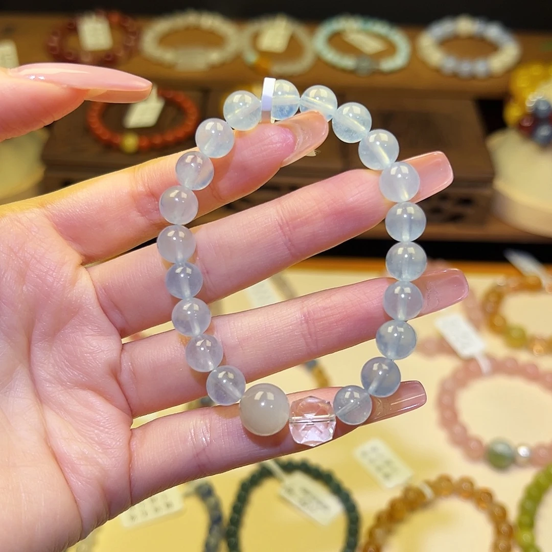 水晶手串银S925镀金镶嵌海蓝2110