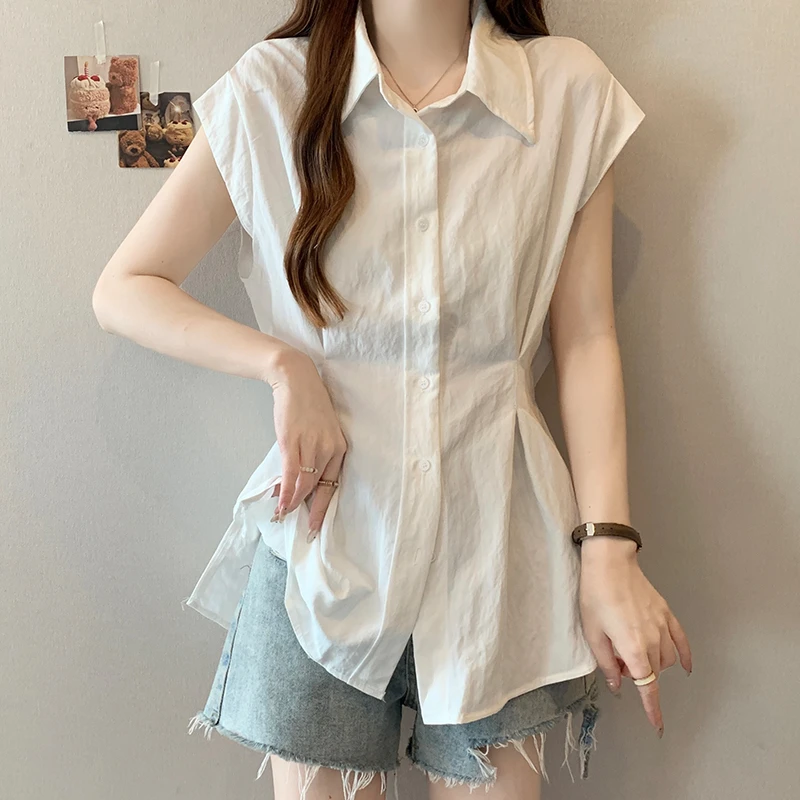 白色收腰袖气质衬衫女2025夏新款大码胖mm显瘦设计感小飞袖上衣