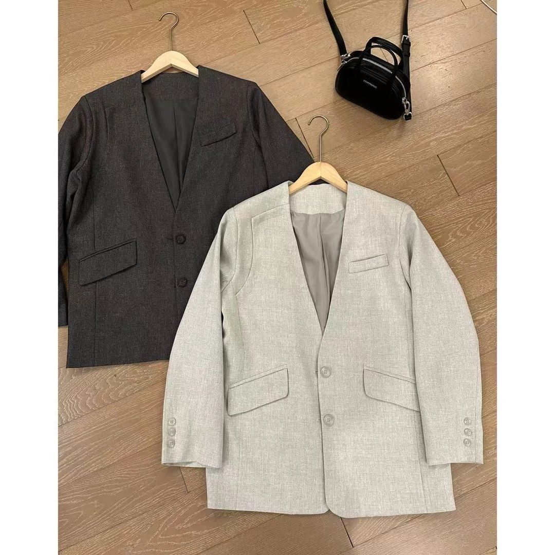 小静静一会【斜口袋西装】2025春款宽松垫肩外套 2502C493