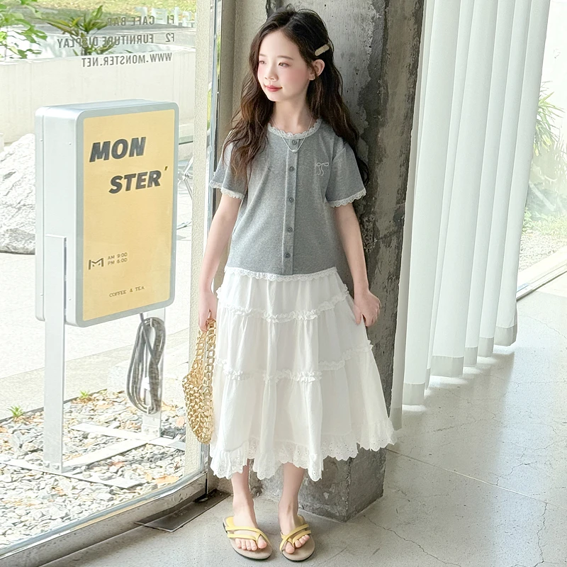 女童短袖半身裙套装2025新款儿童高级感女孩长裙蛋糕裙时髦两件套