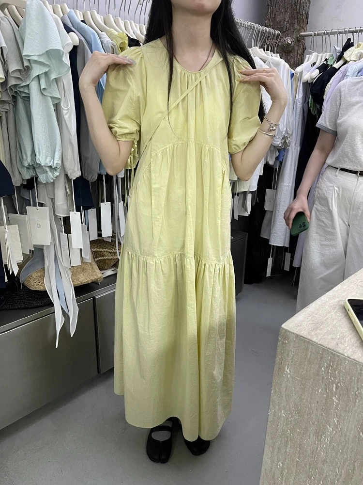 小清新泡泡袖法式宽松小v领温柔风连衣裙女