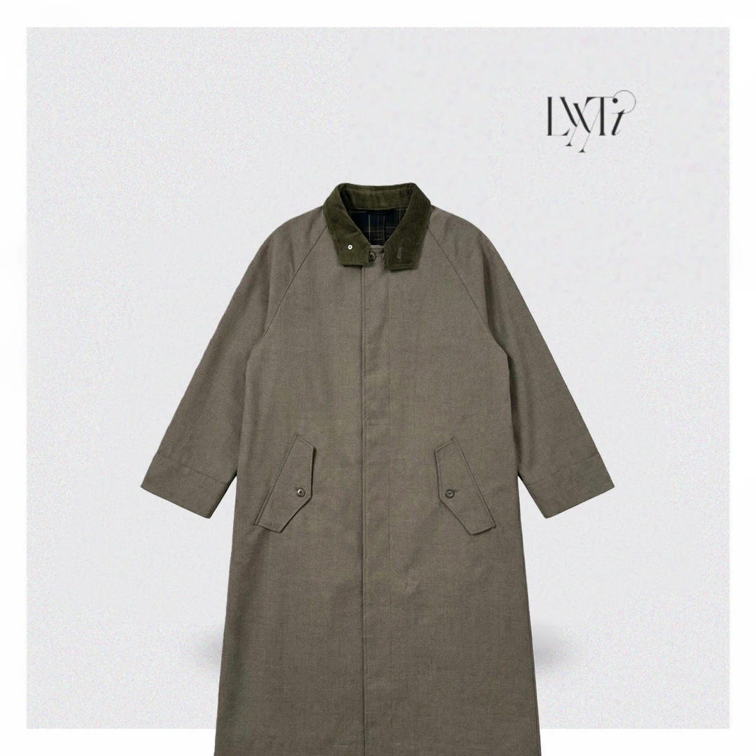 格纹内里羊毛立领长风衣外套