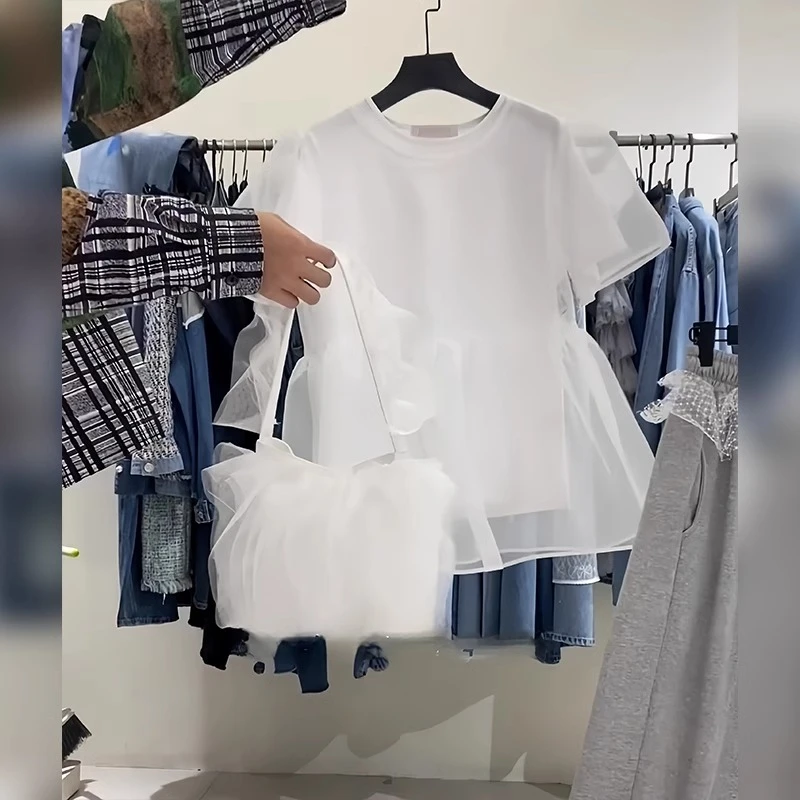 甜美风白色网纱拼接短袖2025夏季时尚独特小众设计感修身上衣T恤