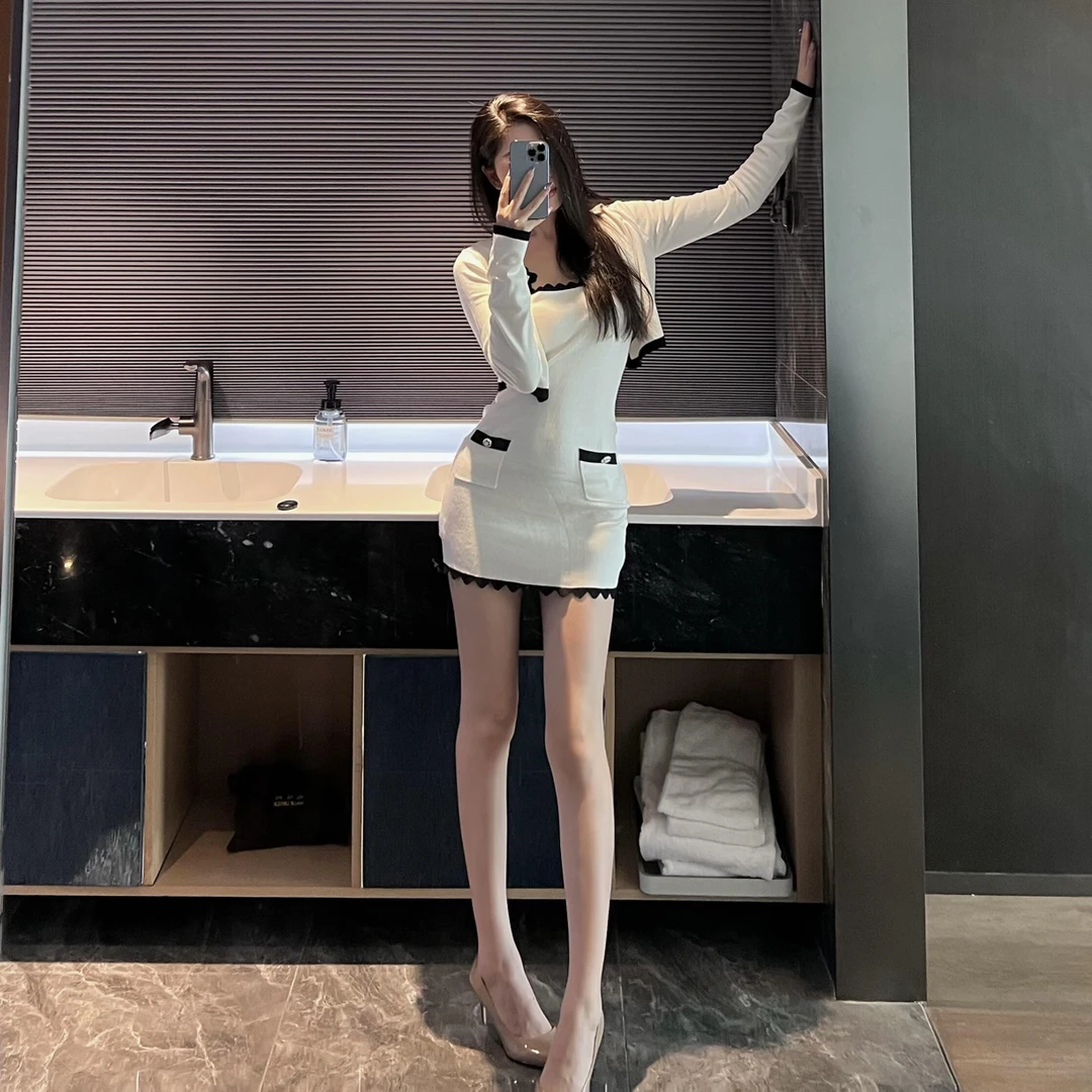 小香风气质套装女波浪边撞色吊带连衣裙针织长袖开衫小外套两件套