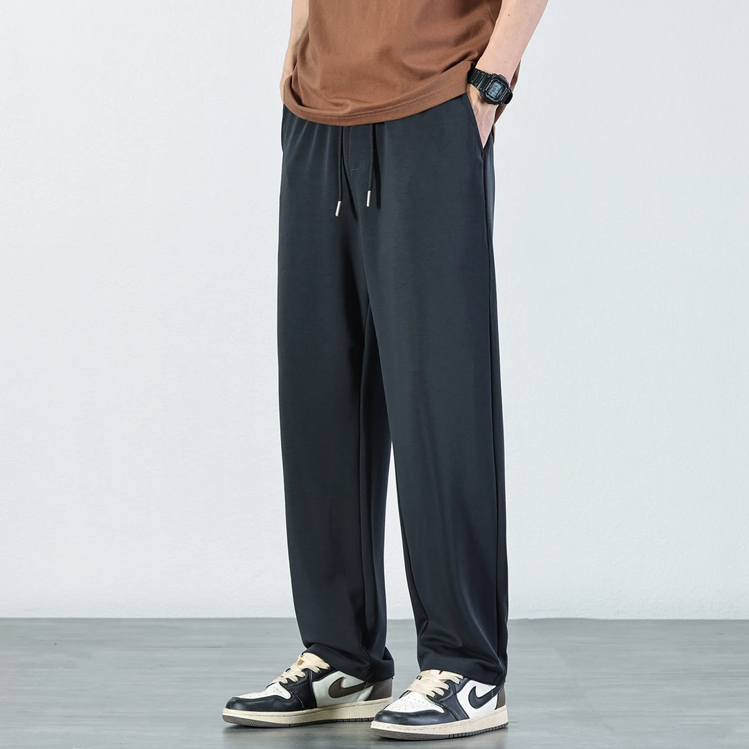 抽绳松紧腰弹力休闲裤男士2025夏季冰丝凉感裤子宽松直筒潮流长裤