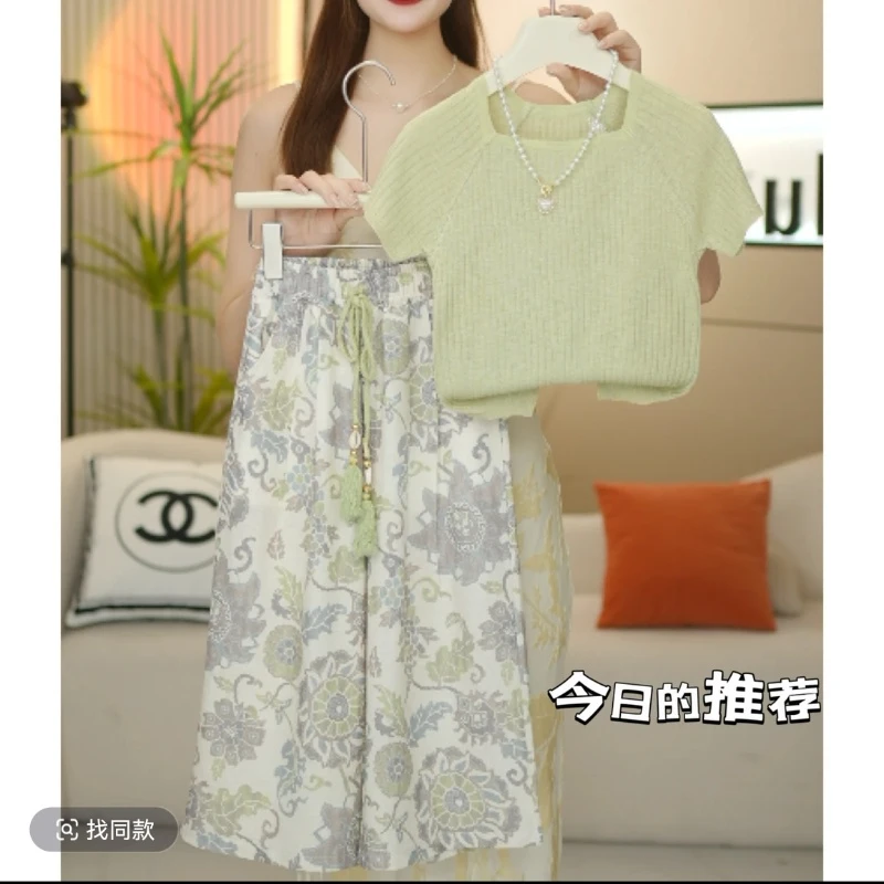 女童套装夏装2025新款儿童洋气中大童冰丝短袖休闲薄款时髦阔腿裤