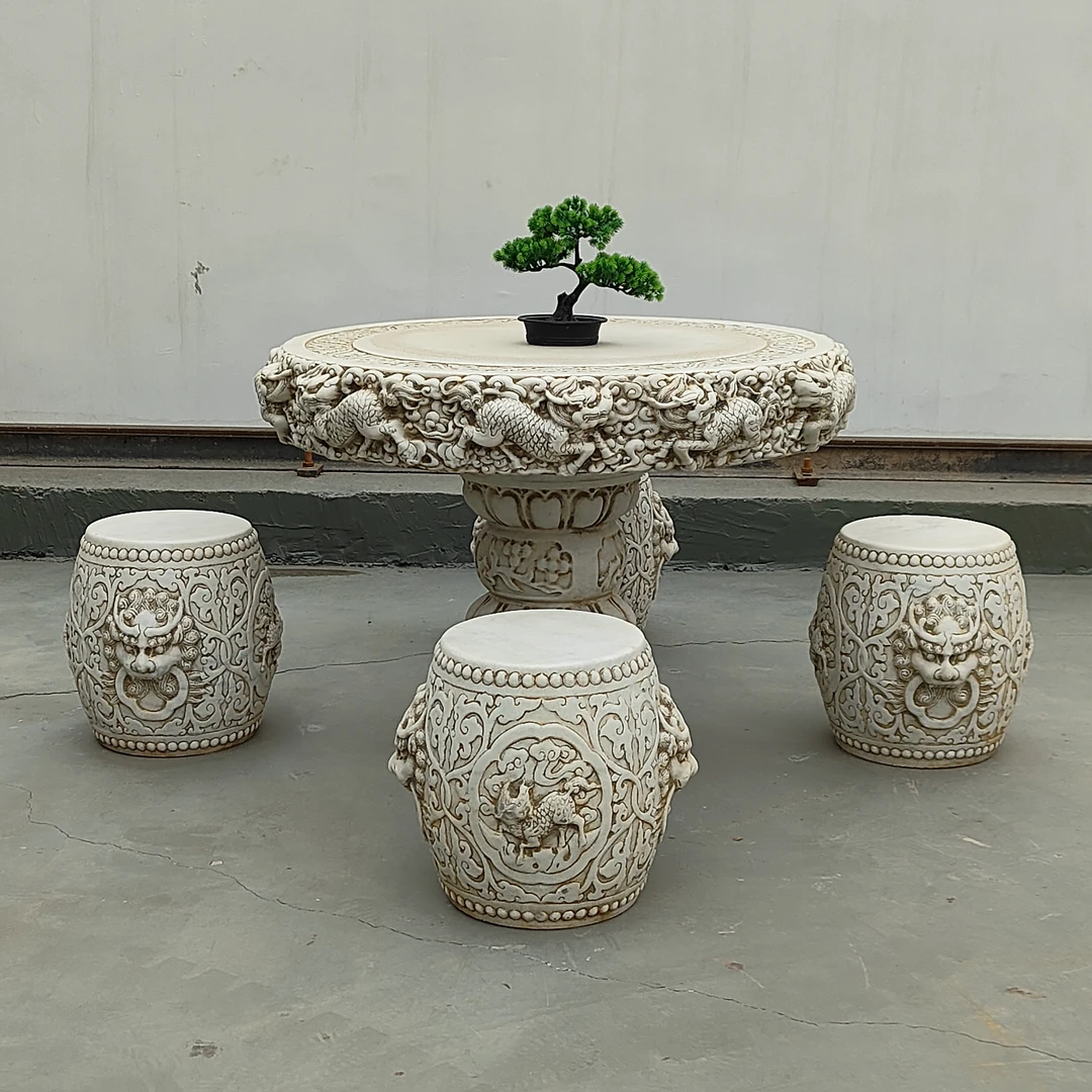 庭院花园高浮雕汉白玉麒麟石桌茶桌一桌四凳，包邮不含卸车和摆放