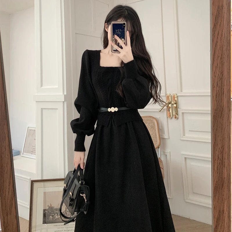 实拍包芯纱~方领显瘦针织连衣裙女秋冬假两件配大衣气质打底裙