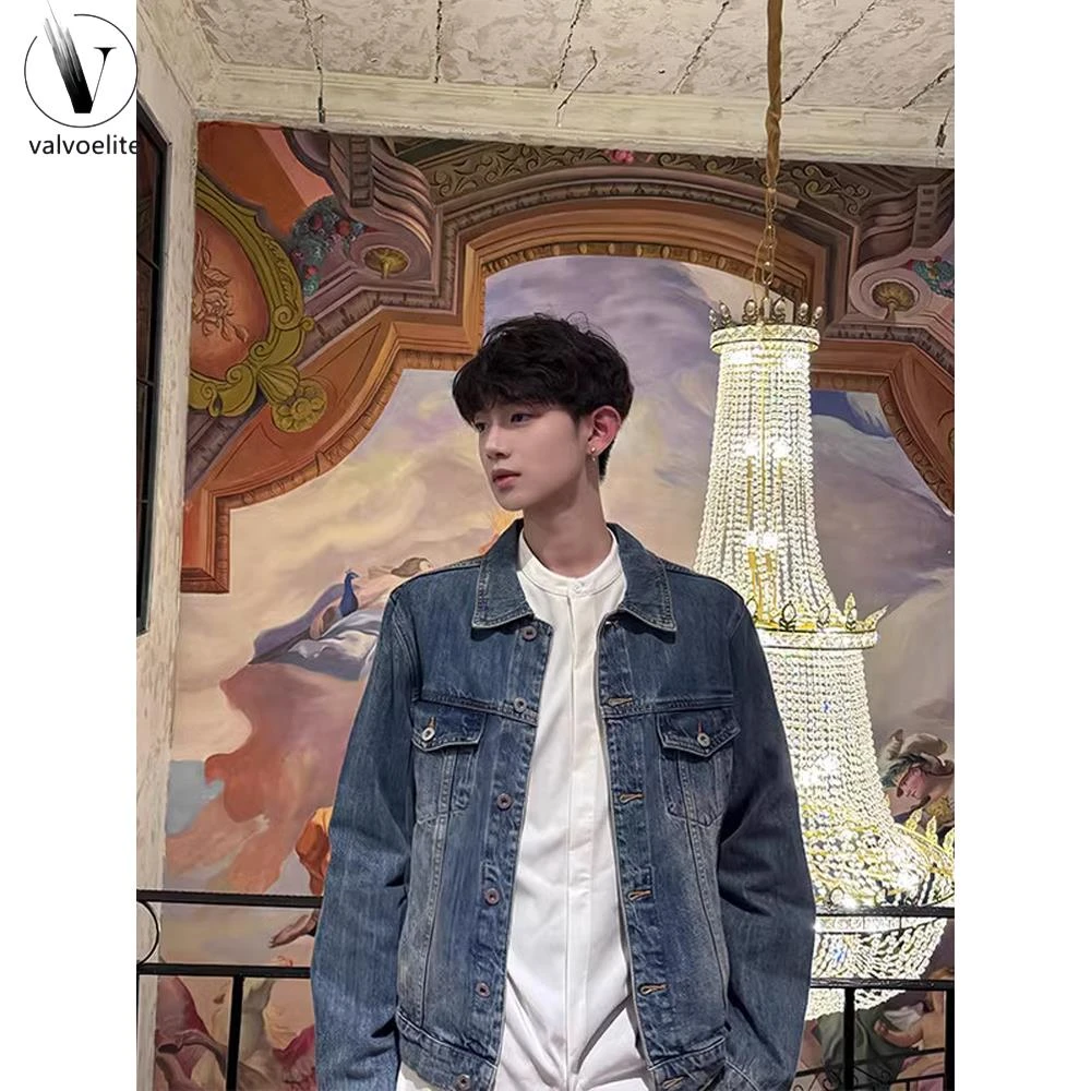 VALVOELITE美式覆古牛仔外套男款春季新款水洗短款休闲宽松翻领工