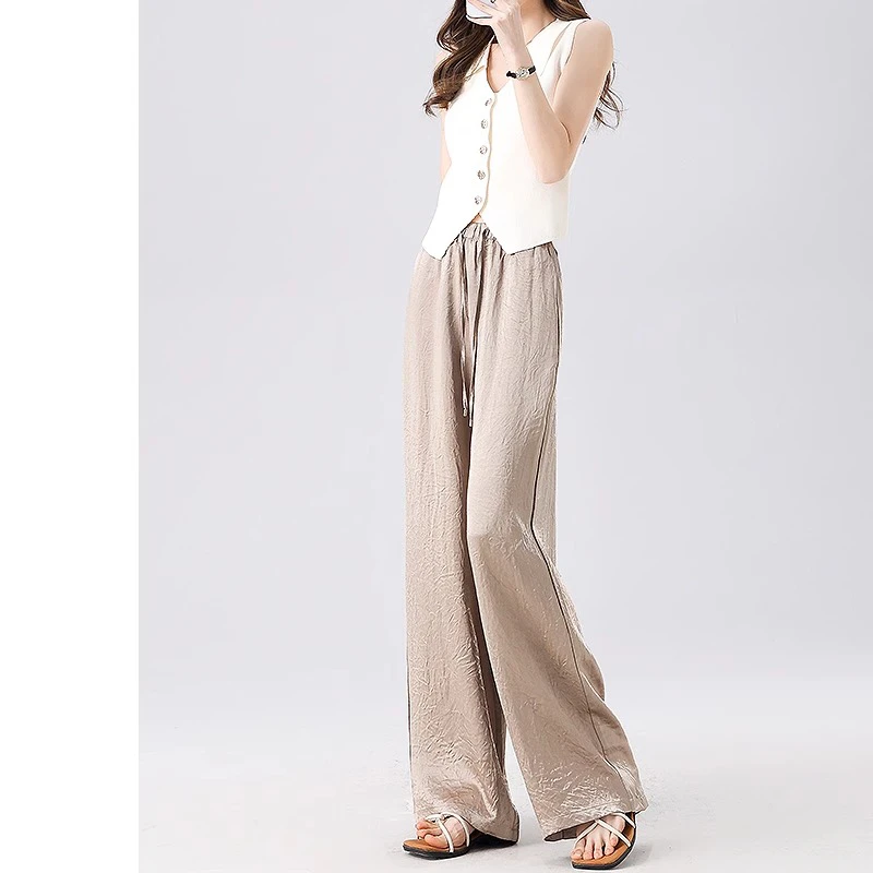 醋酸纤维缎面高腰阔腿裤女2025夏季薄款新款冰丝休闲垂感直筒裤子