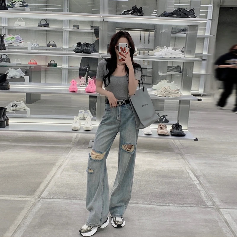 裤长110cm 加长夏季超薄破洞牛仔裤女高个子拖地阔腿雅赛尔裤辣妹