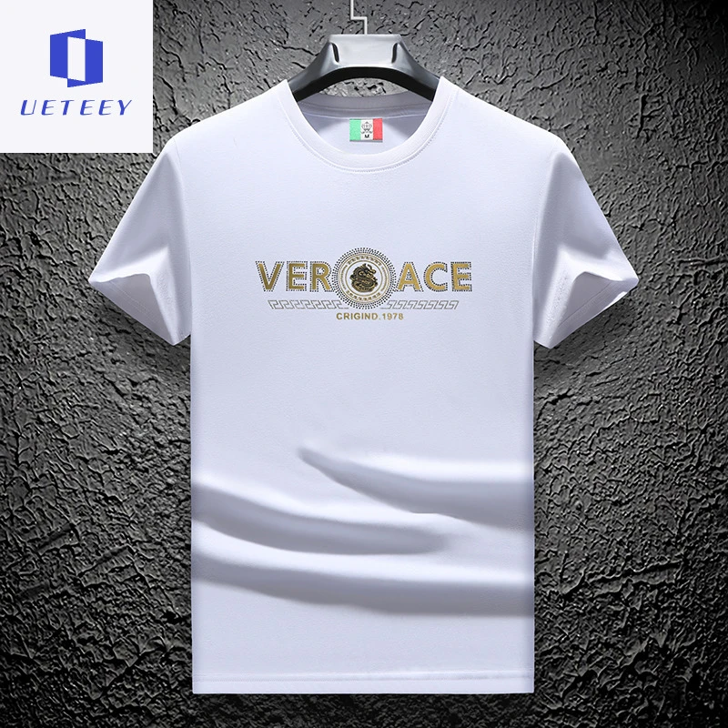 欧美高端烫钻白色短袖t恤男夏季ins潮牌青年休闲百搭大码冰丝上衣