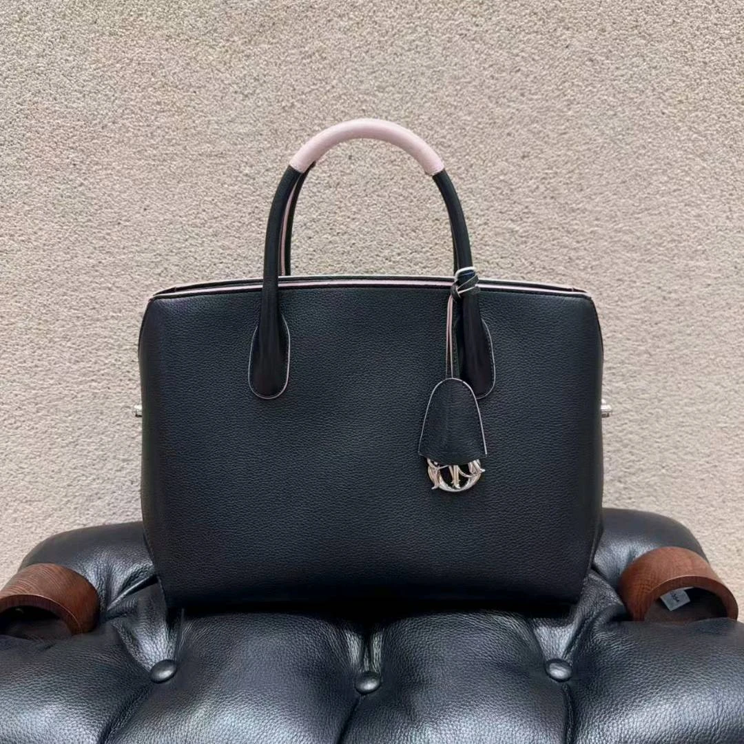 95新 DIOR/迪奥 Open Bar Tote 黑拼粉 牛皮 大号/箱包/单肩包