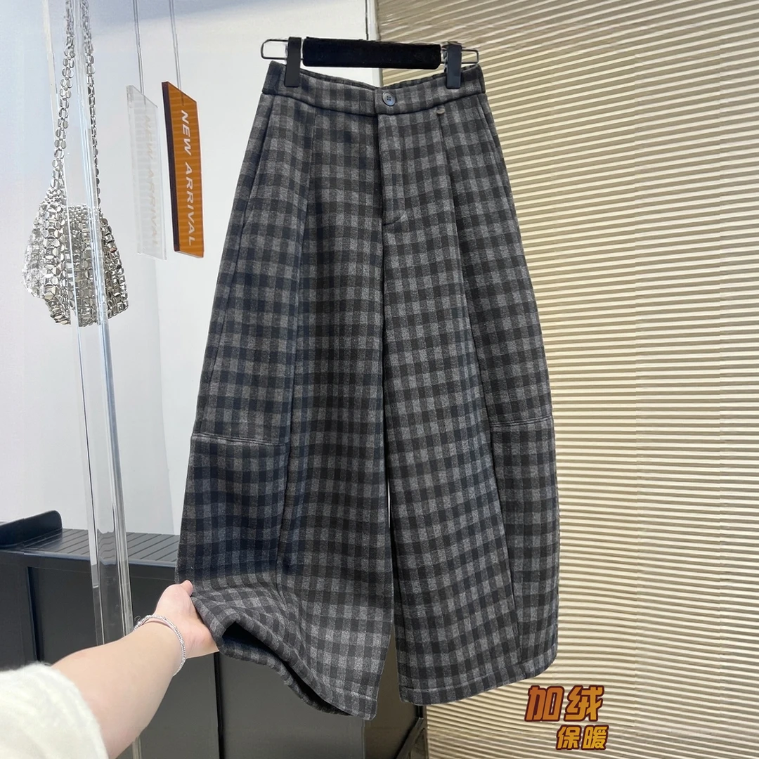 欧洲站经典格子印花九分毛呢裤女2025冬季新款加绒加厚弯刀休闲裤
