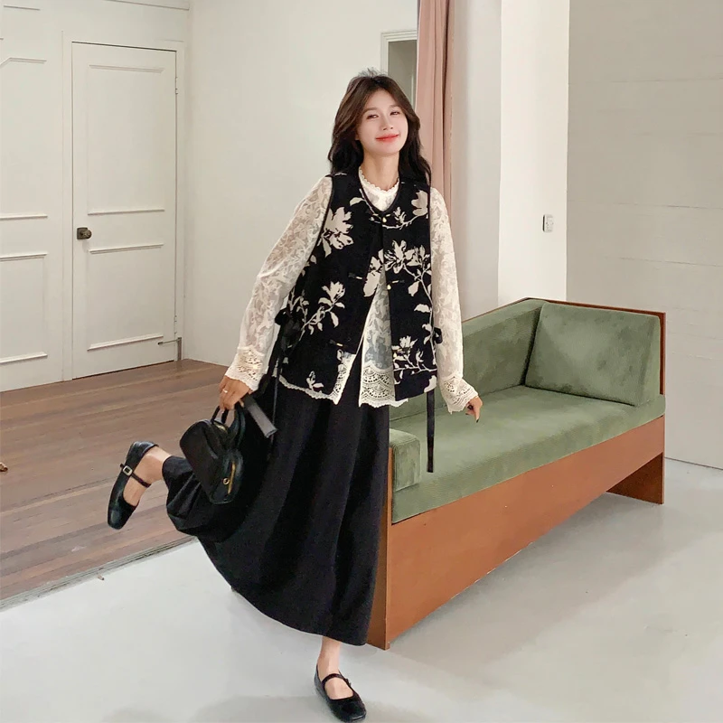 国风中式美学盘扣印花马甲蕾丝内搭半裙2025春秋新款复古风三件套