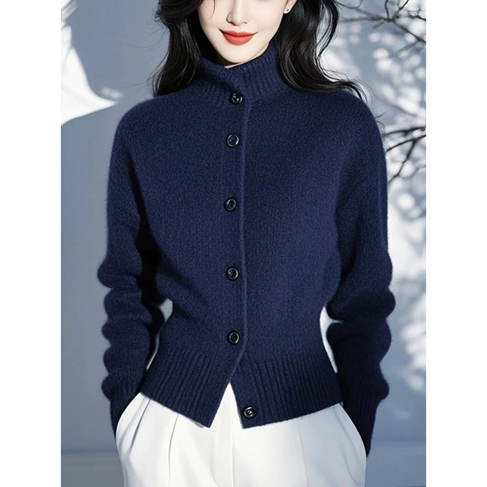 时尚高级感绝美蓝色长袖毛衣针织开衫女秋冬款洋气好看通勤小衫