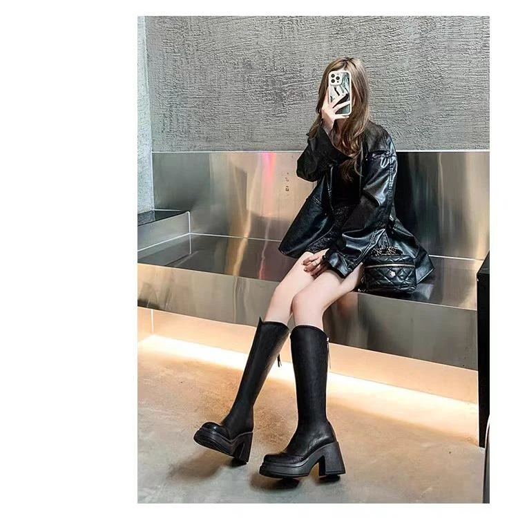 306-12 冬季新款时尚百搭圆头厚底粗跟韩版长靴加绒