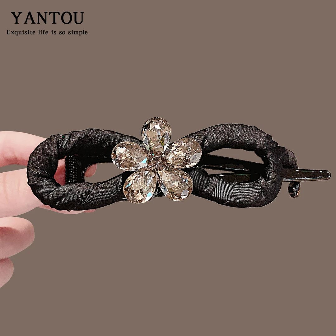 韩系水晶花朵扭扭夹女新款高级感后脑勺盘发一字夹半扎发夹头饰