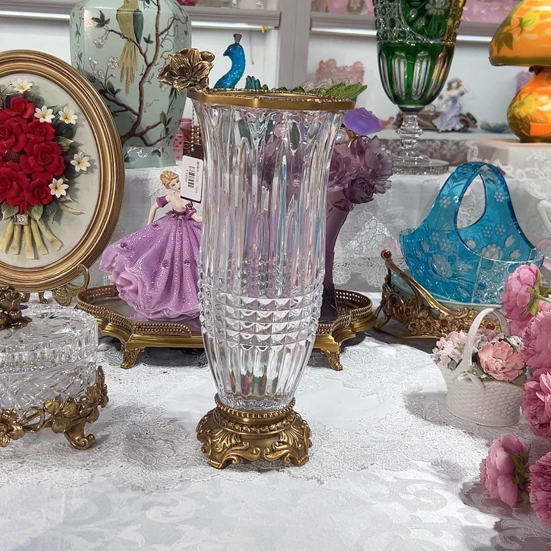 陶瓷F3493波兰白水晶配铜花瓶