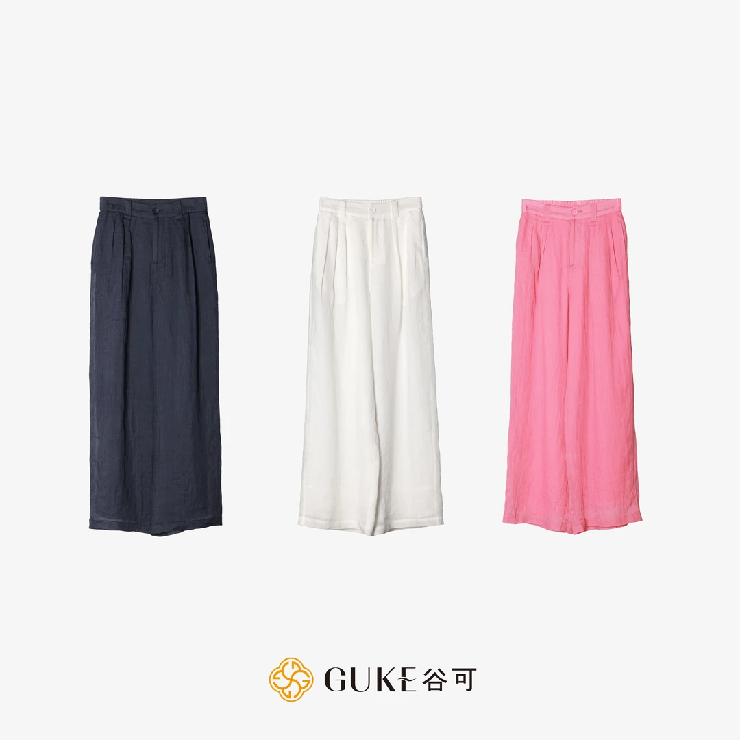 GKE/谷可K5239-1夏季苎麻阔腿裤女垂感休闲直筒宽松高腰长裤