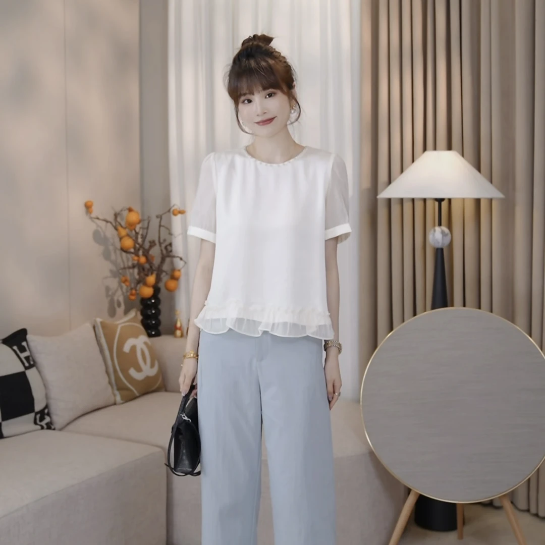 LMENY【清】夏日花瓣~圆领钻边气质缎面显瘦透气小衫25BC032