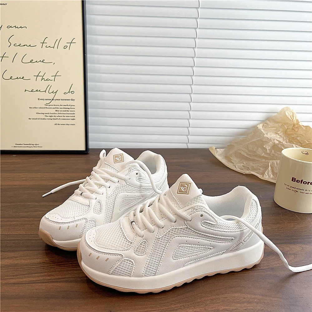 易少年 米色网面透气华夫阿甘鞋2025夏季新款运动休闲跑步小白鞋