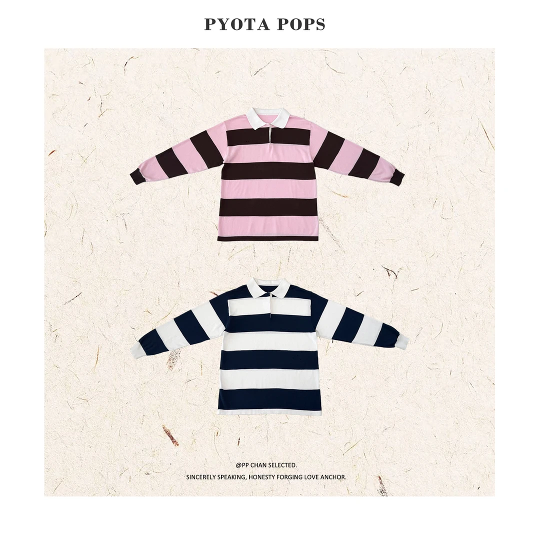 PYOTA【零感mix】韩国小众款阔版撞色大条纹Polo开扣衫上衣LL114