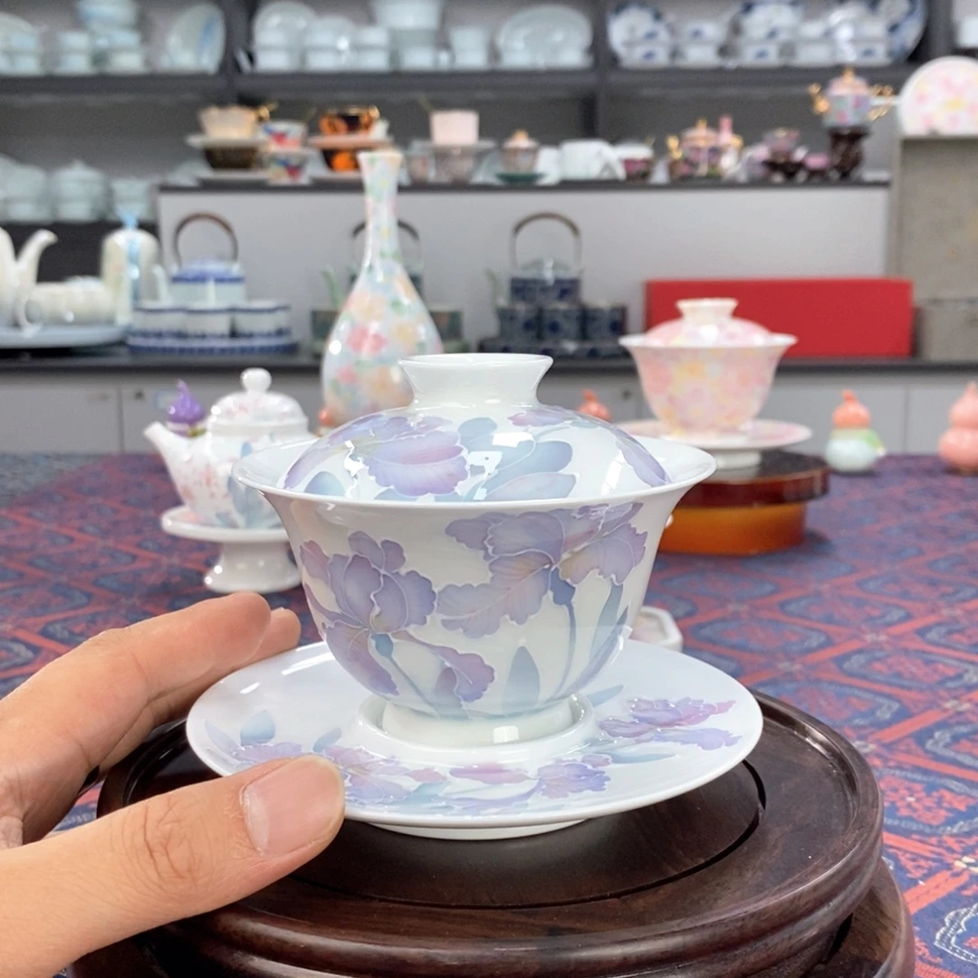 鸢尾花盖碗釉下手绘高温