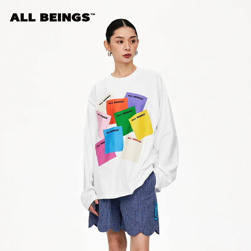 ALL BEINGS【年中福利款】彩标印花趣味街头白色长袖T恤
